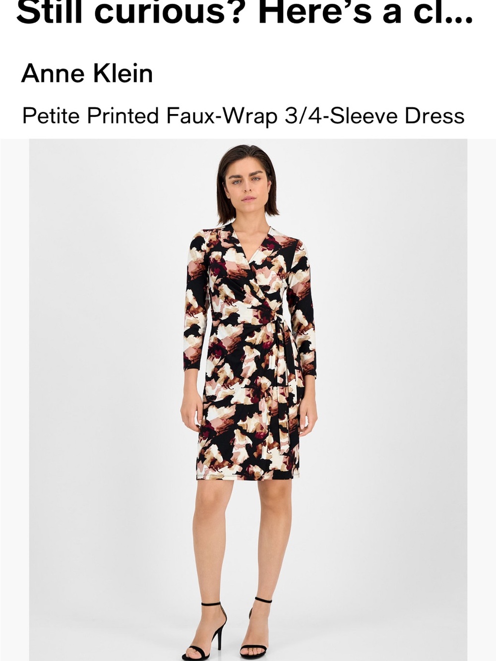 Anne Klein Black Multi Floral Faux-Wrap 3/4 Sleeve Dress